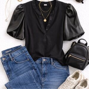 Bailey 44 black Puff faux leather Sleeves button, V Neck Cotton Blouse, L